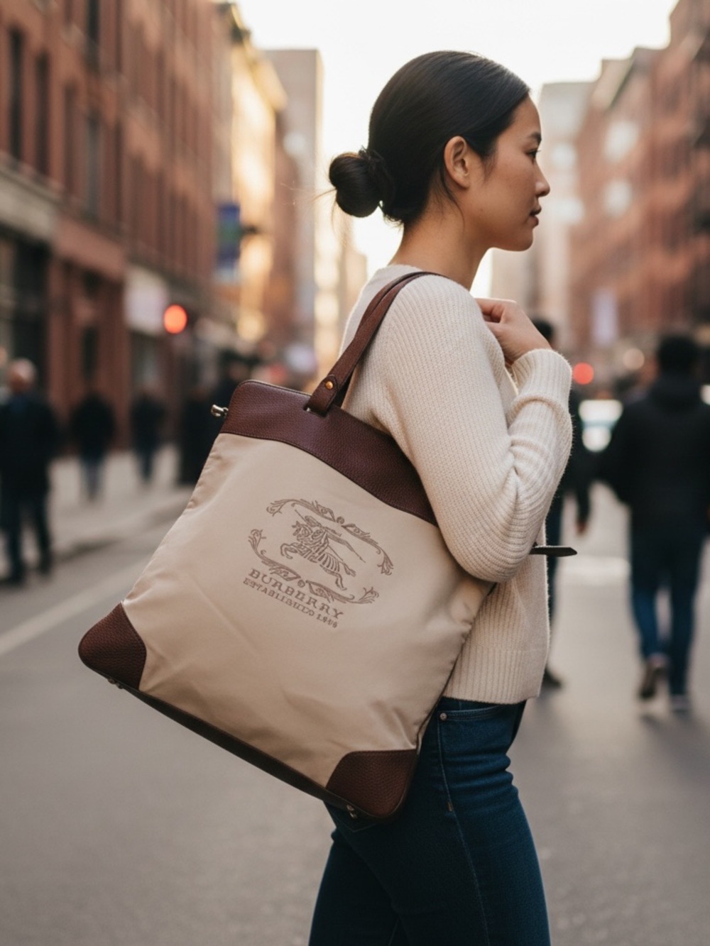 Burberry Beige Canvas Tote with Brown Leather Trim